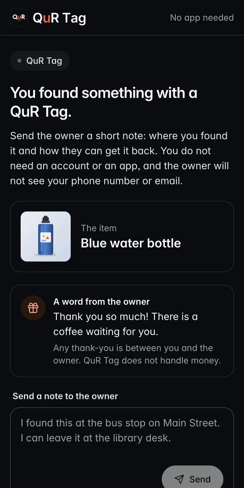 The page a finder sees on their phone: a blue water bottle, a word from the owner that says there is a coffee waiting, and a box to send the owner a note.