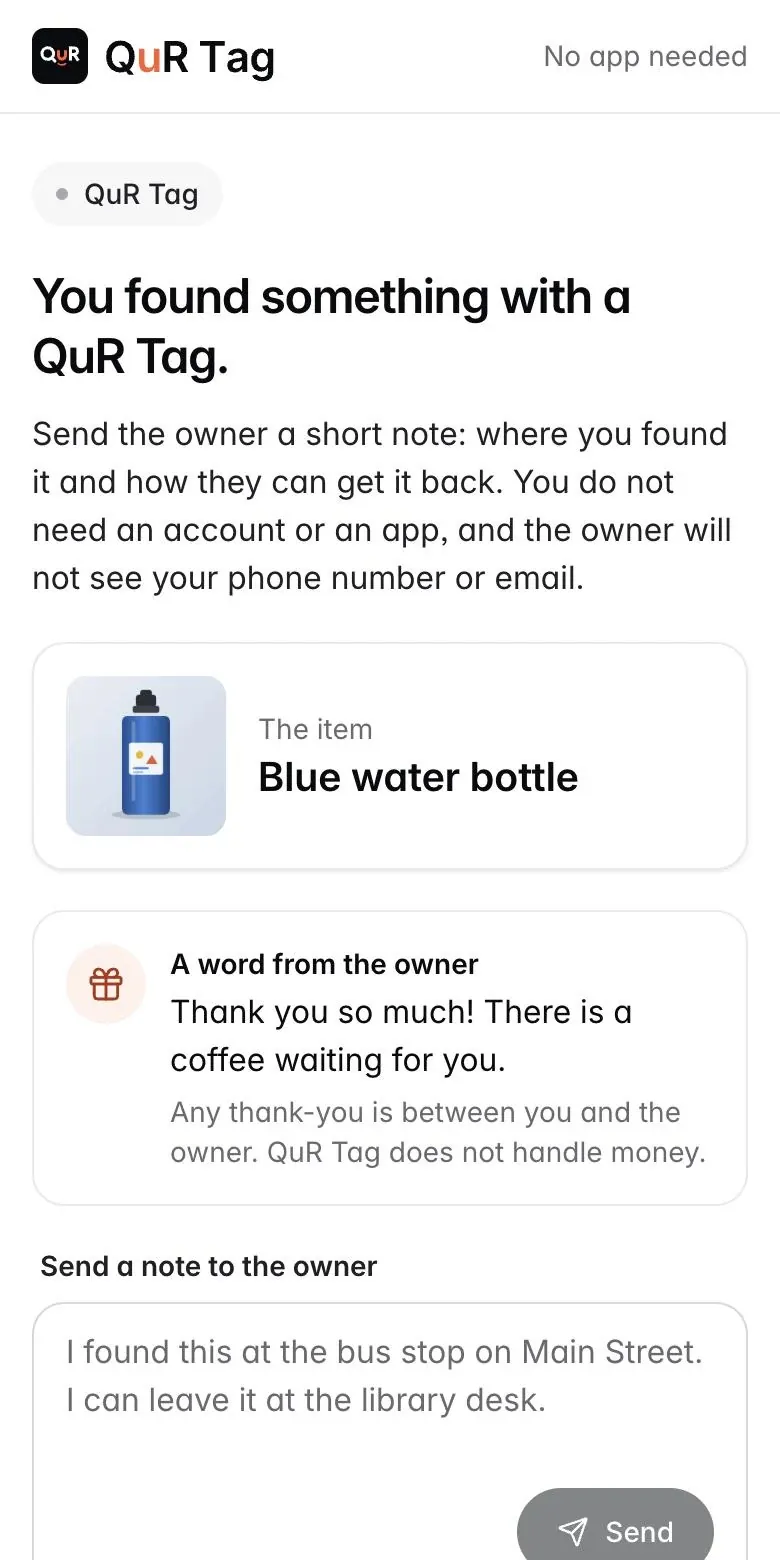 The page a finder sees on their phone: a blue water bottle, a word from the owner that says there is a coffee waiting, and a box to send the owner a note.