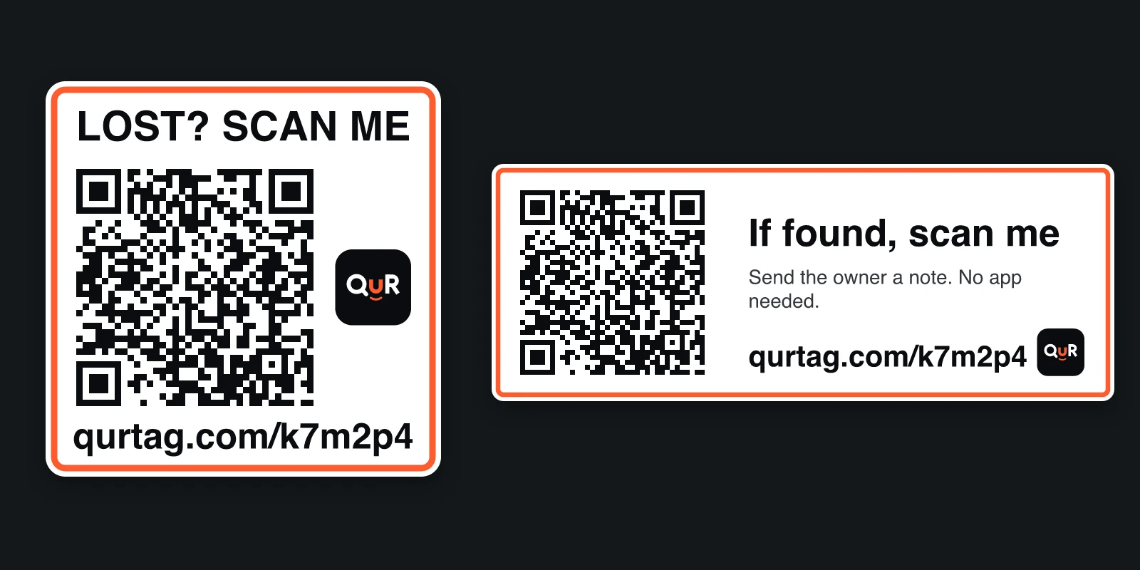 Two printed QuR Tag tags side by side: a square sticker that reads "Lost? Scan me" and a label strip that reads "If found, scan me", each with a QR code, the QuR Tag logo and a short web address.