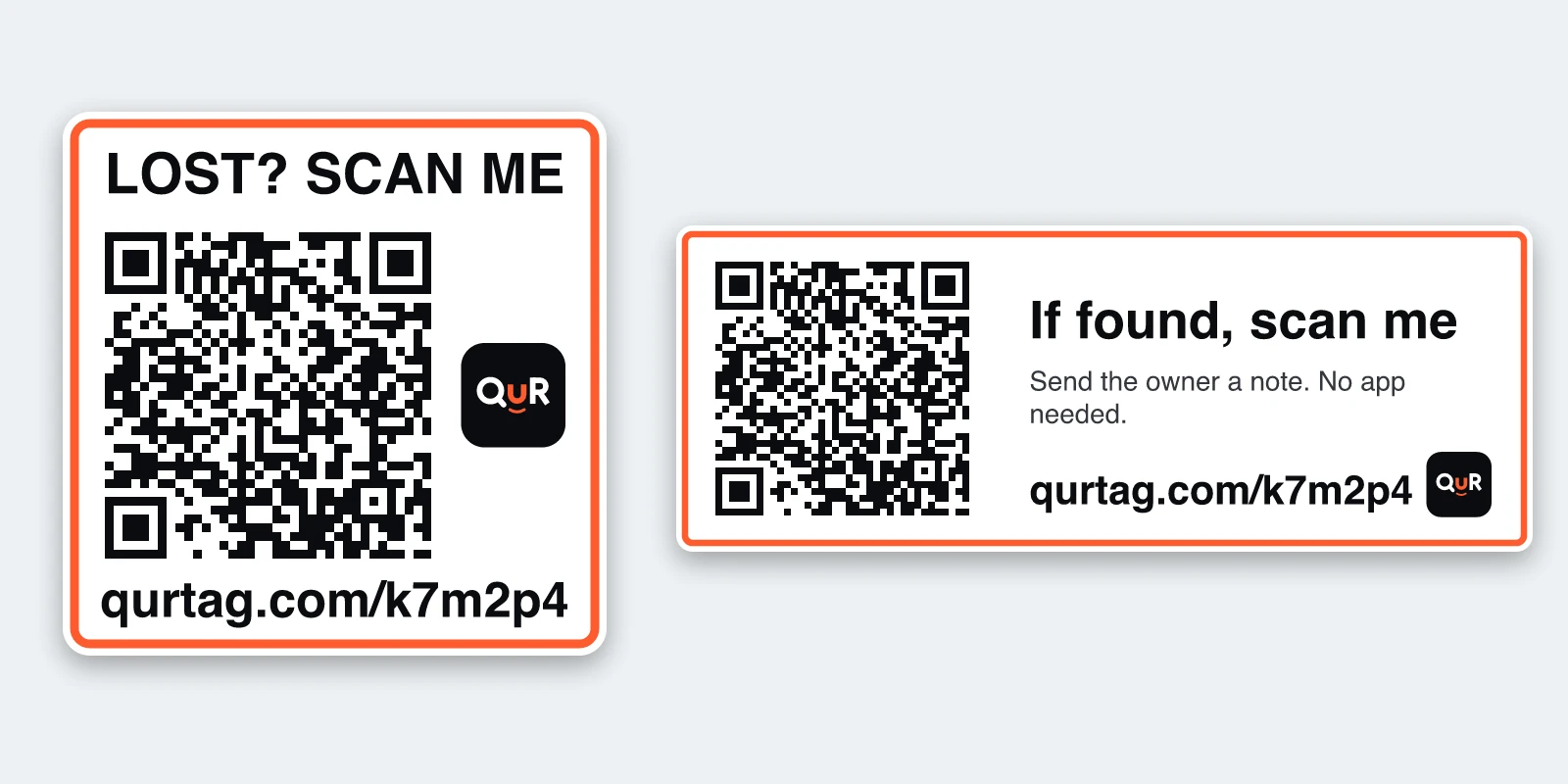 Two printed QuR Tag tags side by side: a square sticker that reads "Lost? Scan me" and a label strip that reads "If found, scan me", each with a QR code, the QuR Tag logo and a short web address.